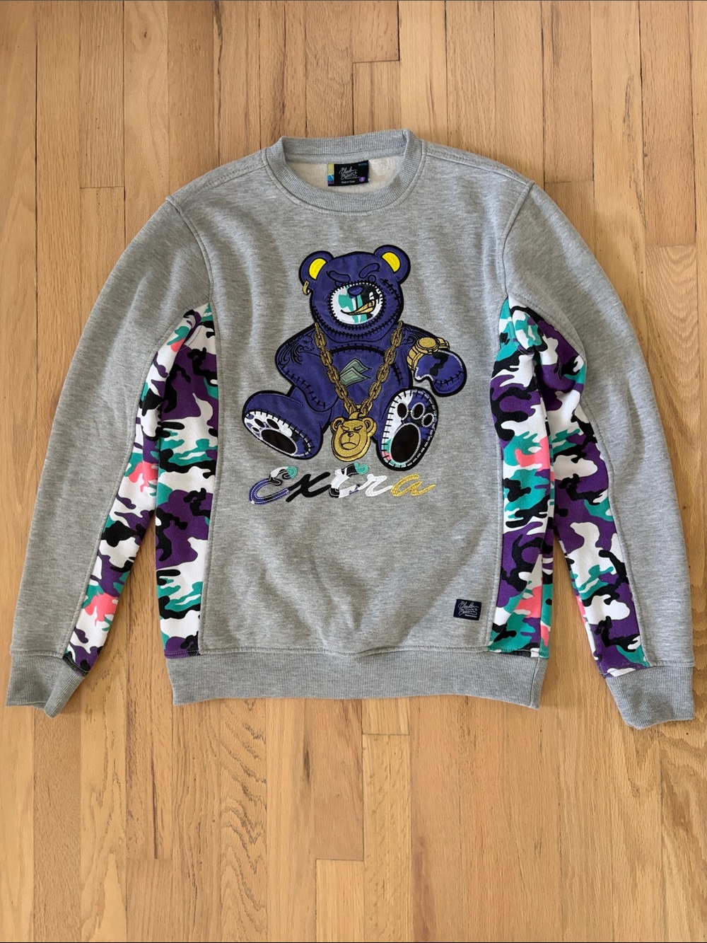 Grey Crewneck Sweater with Multicolor Camo Sleeves